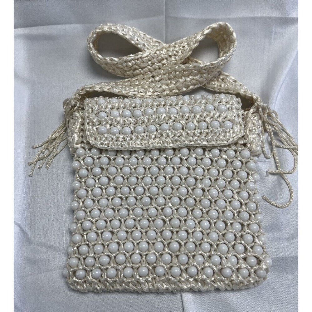 Vintage BB Shoulder Handbag Purse‎ Beaded Tan 7"x8" Boho Festival Fancy Fairy